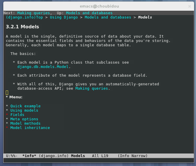Screenshot of Django documentation inside GNU Emacs.