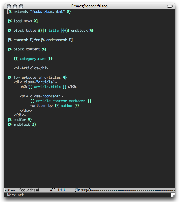 Screenshot of Django template in GNU Emacs, Mac OS X