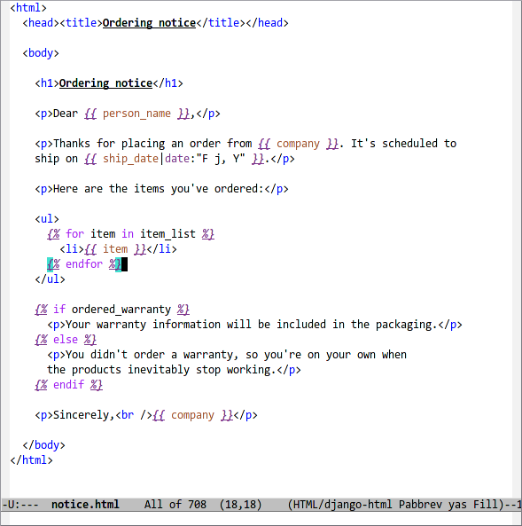 Screenshot of Django template in GNU Emacs with nXhtml.